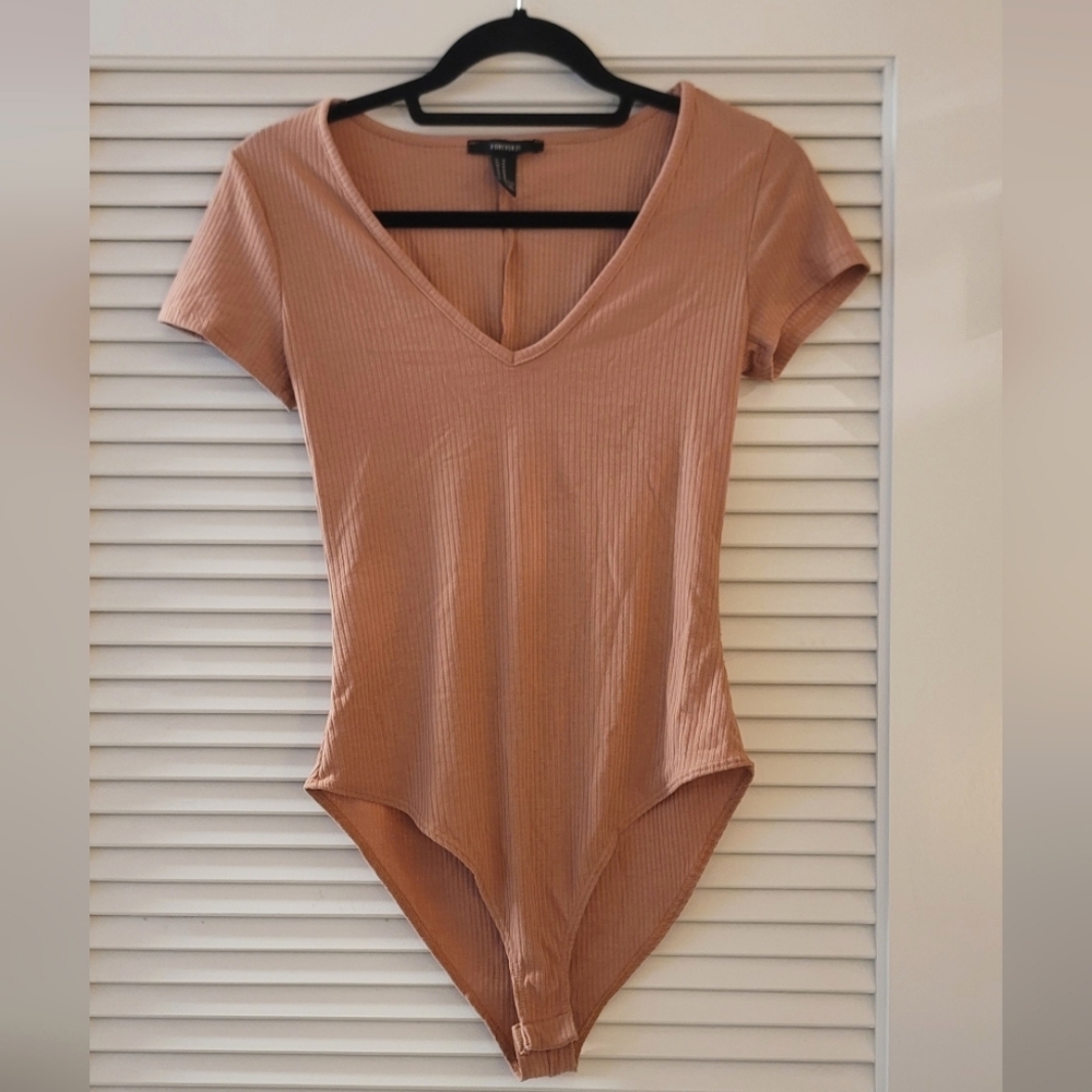 Forever 21 - Pinkish-Orange Ribbed Short-Sleeve Bodysuit